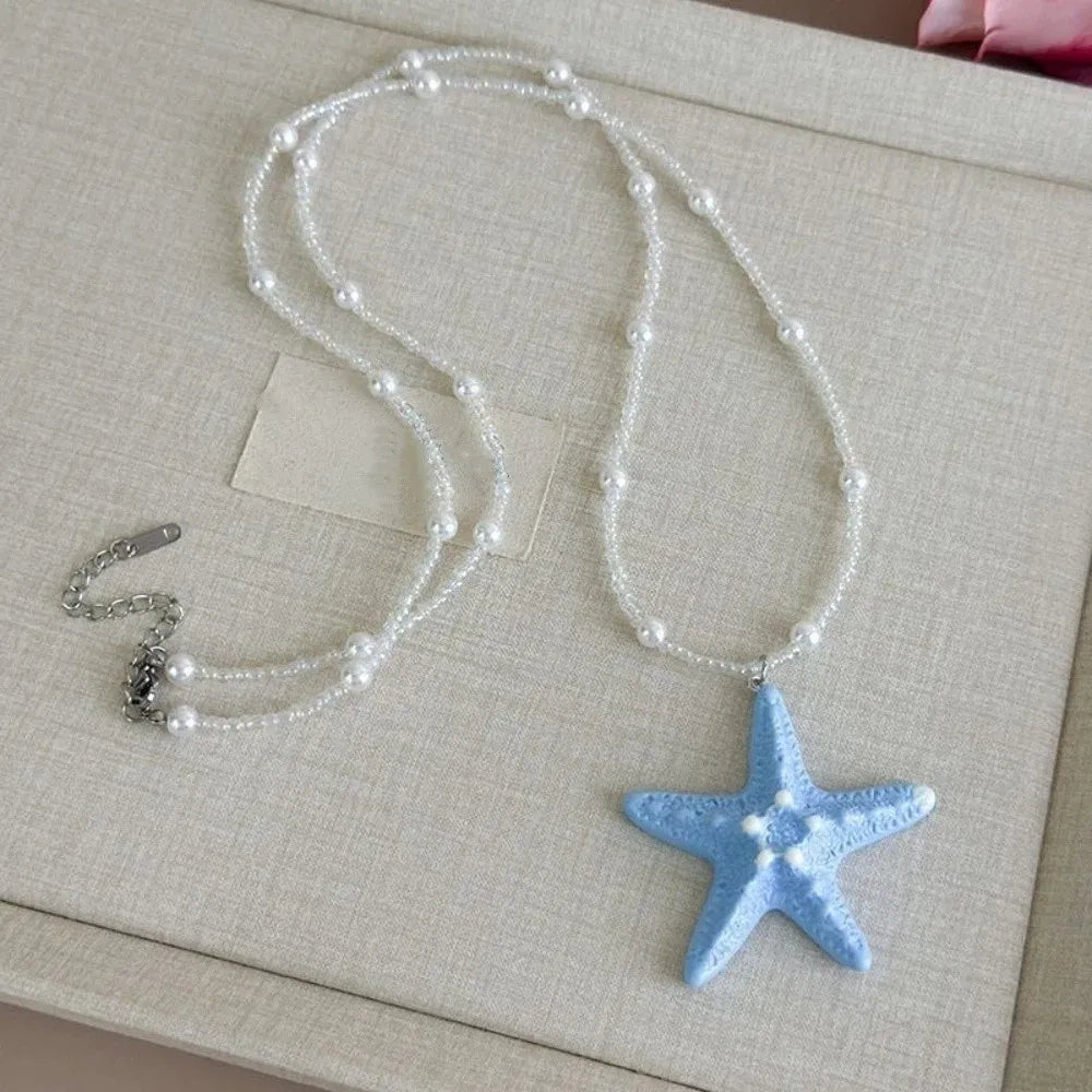 Bohemian Starfish Beaded Necklace | Colorful Beach Jewelry Pendant Necklace Peaceful Pleasures Health and Wellness Blue