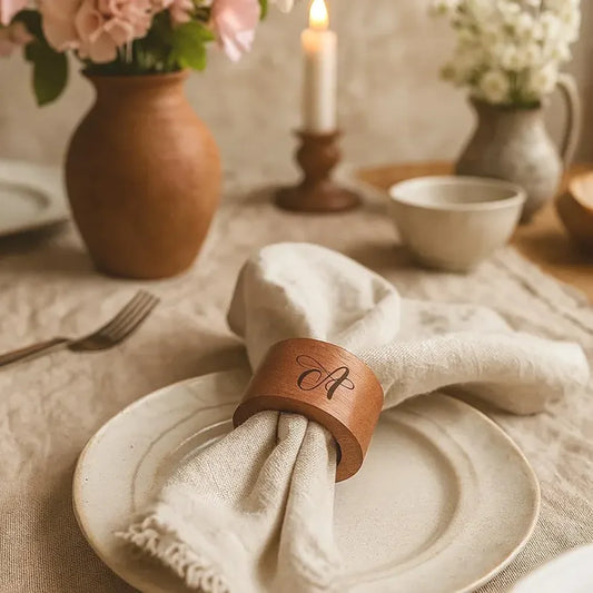A-Z Engraved Wooden Napkin Rings | Wedding & Party Table Decor Wooden Napkin Rings Peaceful Pleasures Health and Wellness T 1Pcs 5x2.5cm
