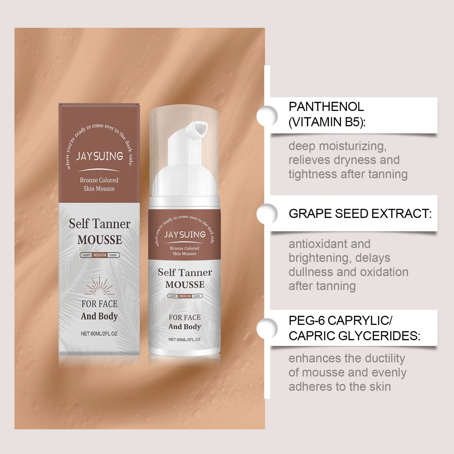 Self Tanner Mousse Natural Organic Sunless Tanning Foam for Dark Fake Tan Face Body Fast-Absorbing Moisturizing Tan Boosting Oil Peaceful Pleasures Health and Wellness