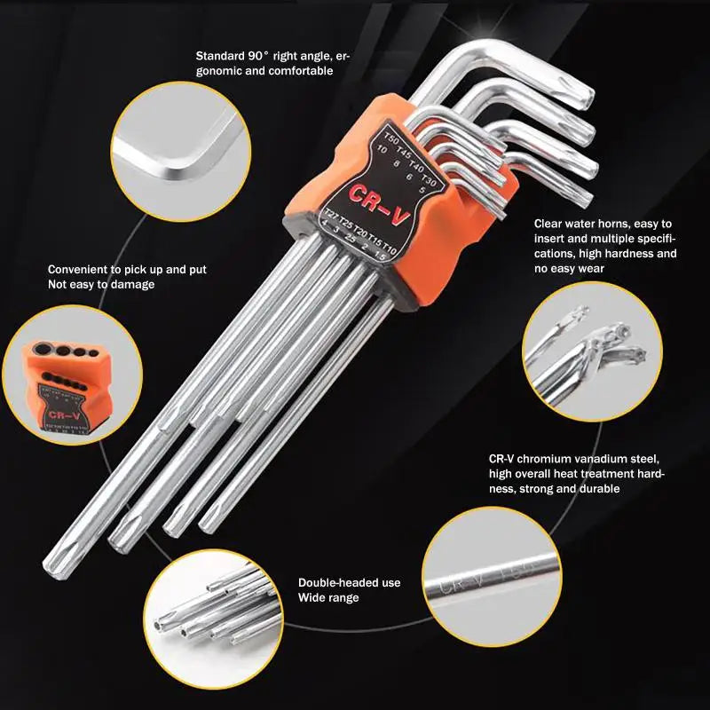 9-Piece Torx Star Wrench Set – Dual-End L-Shape Allen Keys