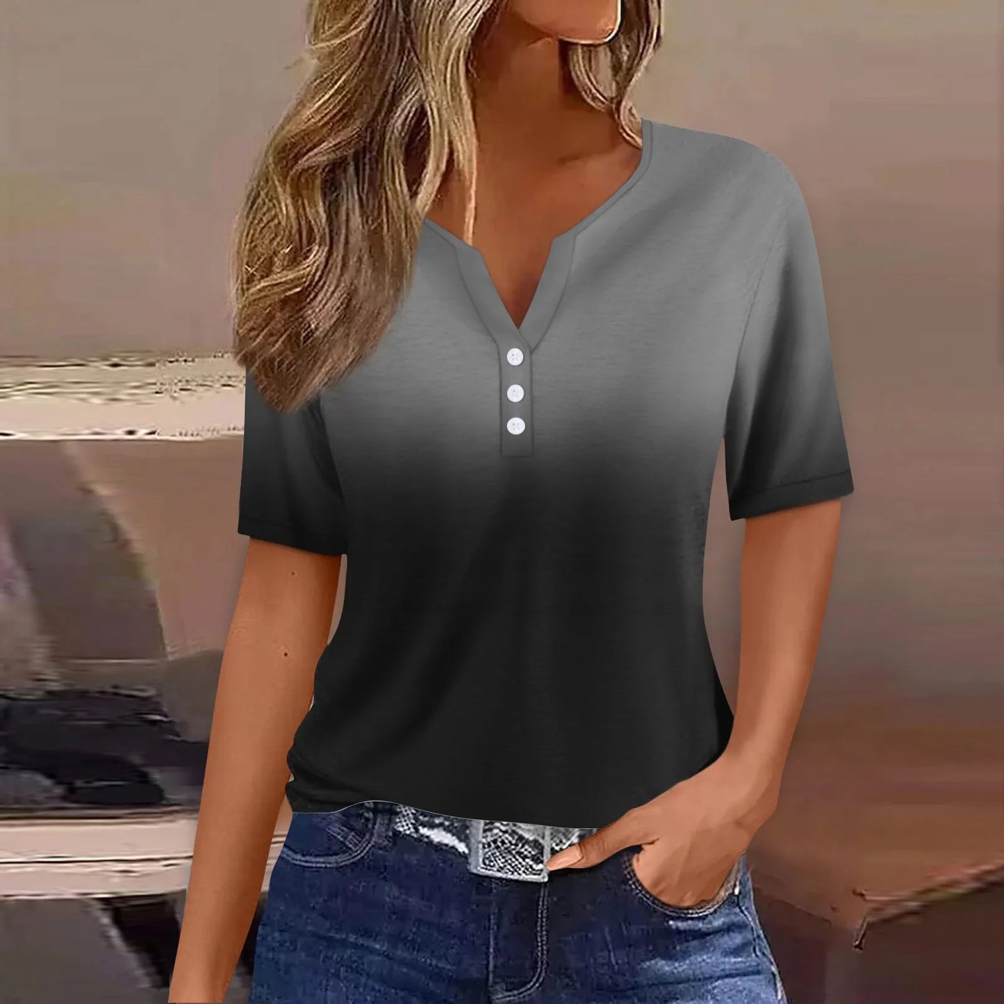 Women Summer Trendy Simple Casual Fashion Button T Shirt V Neck Short Sleeve Solid Loose Pullover Tops Plus Size Ropa De Mujer Peaceful Pleasures Health and Wellness Dark Gray S