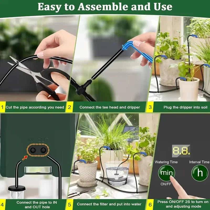 Solar Automatic Drip Irrigation Kit Watering Timer with Water Level Alarm for Outdoor Garden Potted Plants Easy DIY Peaceful Pleasures Health and Wellness