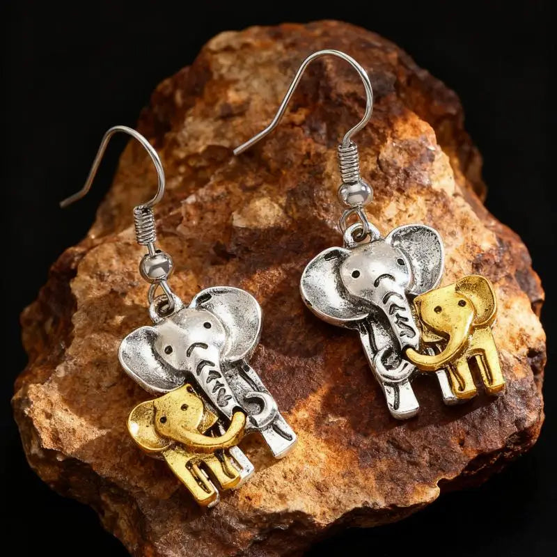 Mother & Baby Elephant Dangle Earrings | Two-Tone Vintage Drop