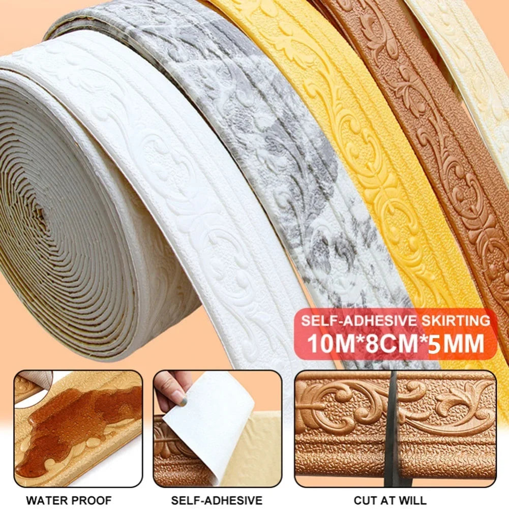 3D Self-adhesive Trim Decor 10mx8cmx5mm Wall Border Strip Waterproof