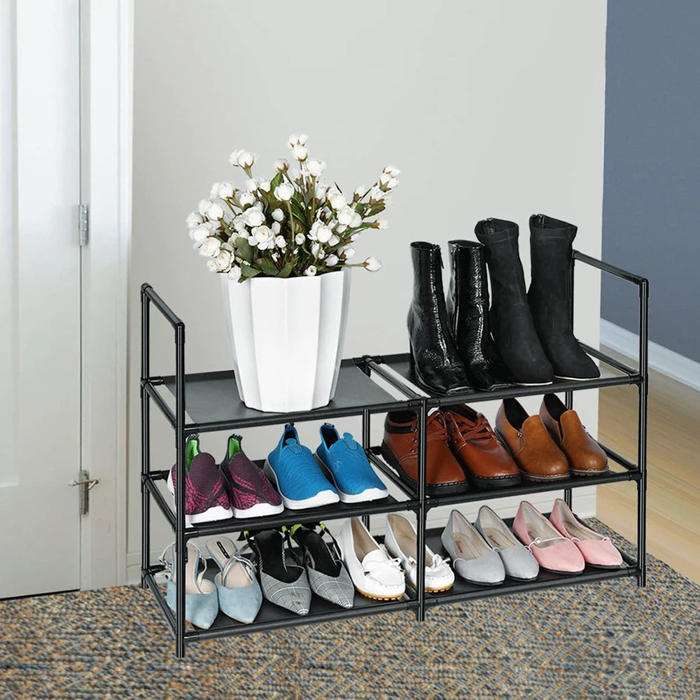 Shoe Rack 3 Tier Long Storage Organizer Wide Metal Shoe Shelf for Closet Entryway Black Dustproof Storage Rack, Dormitory Iron S Peaceful Pleasures Health and Wellness