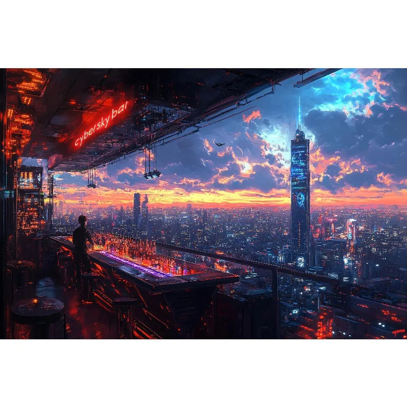 1pc frameless Cyberpunk Night City Landscape Poster Future Neon Lights Bar Design Canvas Wall Art for Living Room Home Decor Peaceful Pleasures Health and Wellness