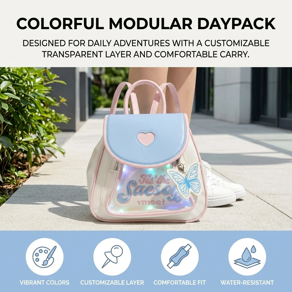 Dopamine Color Backpack for Girls Modular Design School Commute Travel Bag with Transparent Layer Peaceful Pleasures Health and Wellness