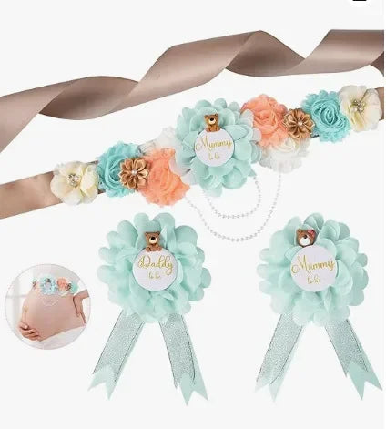 Flower Sash Set-Baby Shower Mom to Be Daddy to Be Corsage Pin- Belt for Maternity Dress Photo Props حزام Пояс Cinturón Ceinture Peaceful Pleasures Health and Wellness colors 13