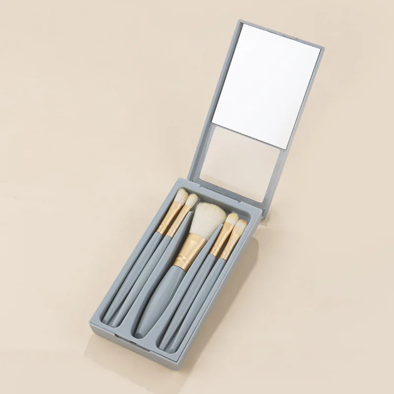 5Pcs Portable Makeup Brush Set with Mirror - Foldable Travel Kit ，Mini Makeup Brush Set Travel Makeup Brush Set Peaceful Pleasures Health and Wellness Blue