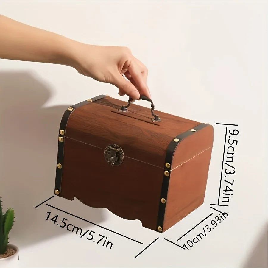 Vintage Wooden Piggy Bank with Lock, Retro Treasure Chest Coin Saving Box for Kids, Home Decor Money Storage Organizer Peaceful Pleasures Health and Wellness