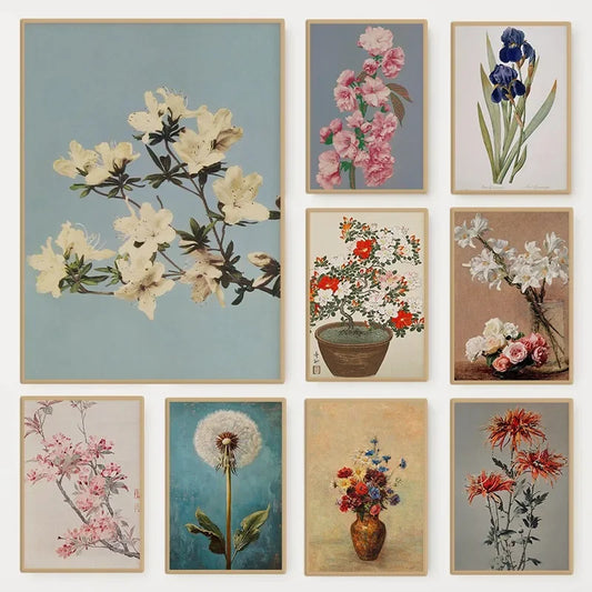 Retro Japanese Floral Illustration Poster Nature Botanical Flower Dahlia Sakura Azalea Canvas Painting Wall Art Room Home Dec Peaceful Pleasures Health and Wellness