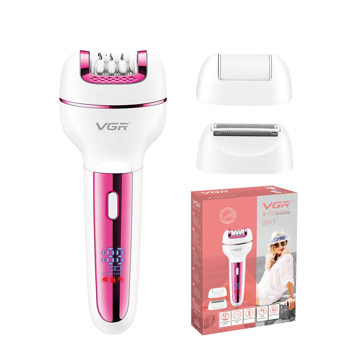 VGR 732 Original 3in1 Epilator Women Electric Shaver For Face Body Rechargeable Lady Trimmer Hair Removal Bikini Underarms Legs Peaceful Pleasures Health and Wellness 732 pink
