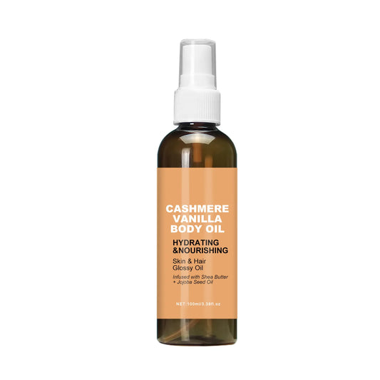 Cashmere Vanilla Body Massage Oil Hydrating Nourishing Skin And Hair Glossy Oil Infused With Shea Butter And Jojoba Seed Oil Peaceful Pleasures Health and Wellness Brown bottle