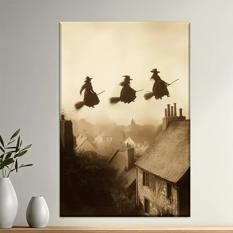 Retro Witch Flying Over Village Canvas Art Print | Unframed Wall Art Canvas Art Print Peaceful Pleasures Health and Wellness