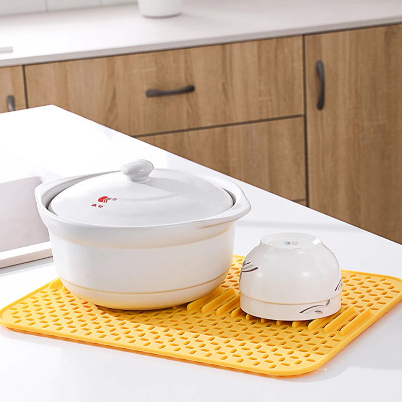 Silicone sink mat protector Multipurpose Heat Resistant Pad Counter Dishwasher Safe Non-Slip Dish Drying mat Kitchen accessories Peaceful Pleasures Health and Wellness YELLOW L43cmW32cm