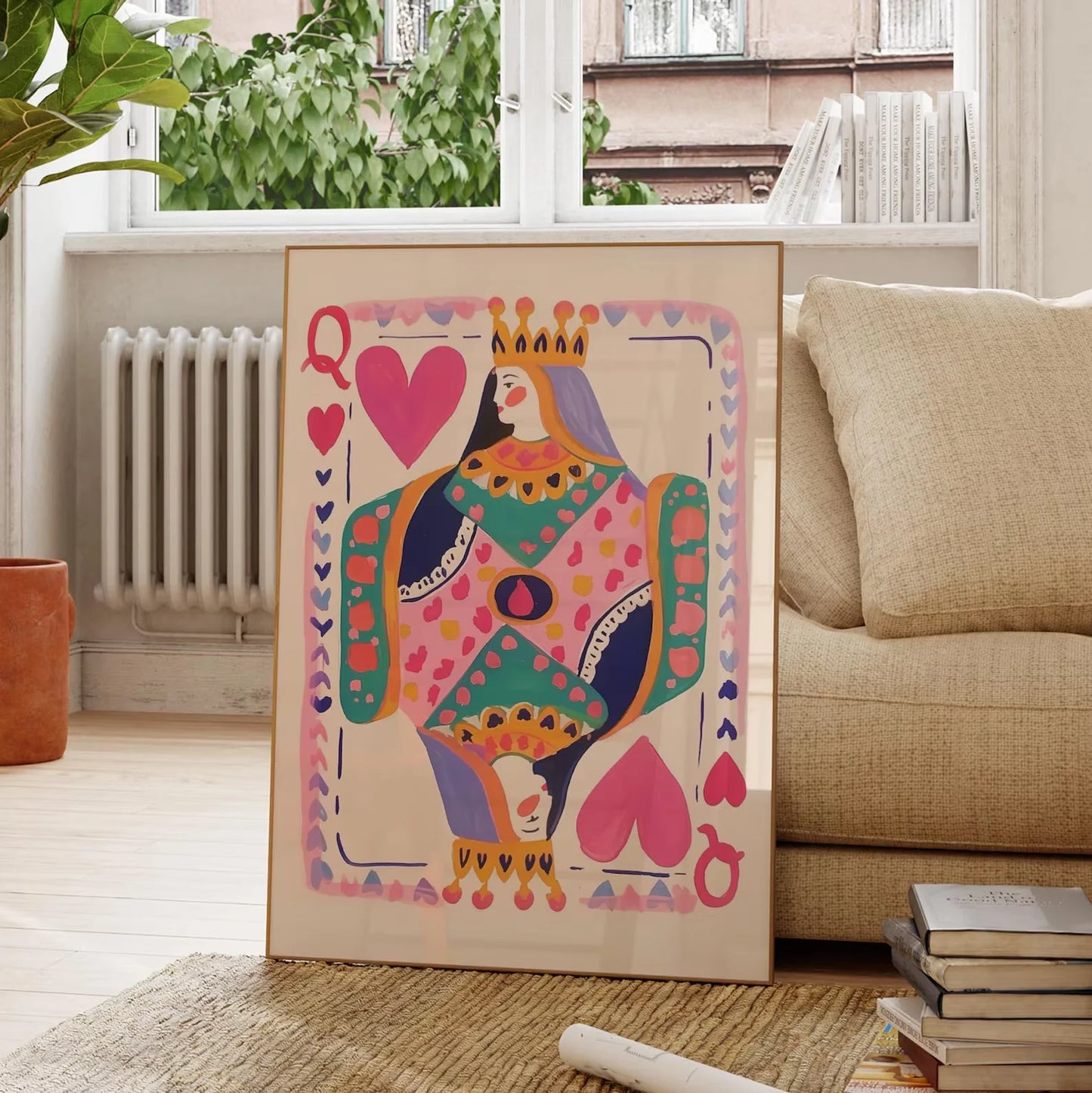 Queen of Hearts Canvas Wall Art | Maximalist Playing Card Print