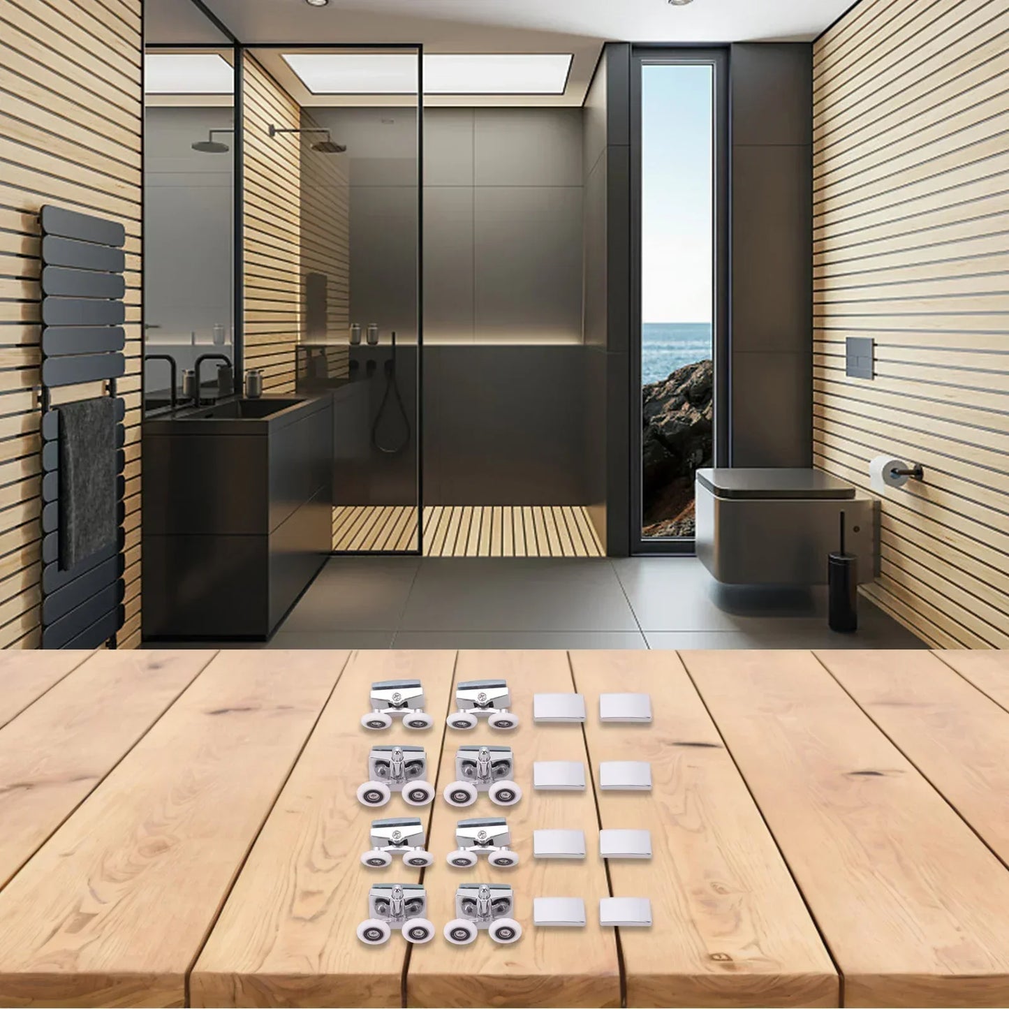 ABS Shower Door Sliding Pulleys | 8-Piece Chrome Roller Set