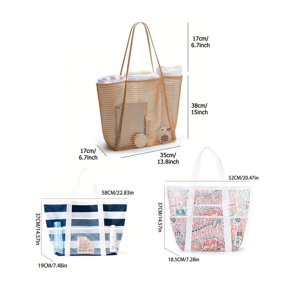Mesh Beach Bags Beach Tote Bag With Multi Pockets Large Capacity Travel Tote Handbag Swim Pool Bag Multifunctional Storage Bag Peaceful Pleasures Health and Wellness