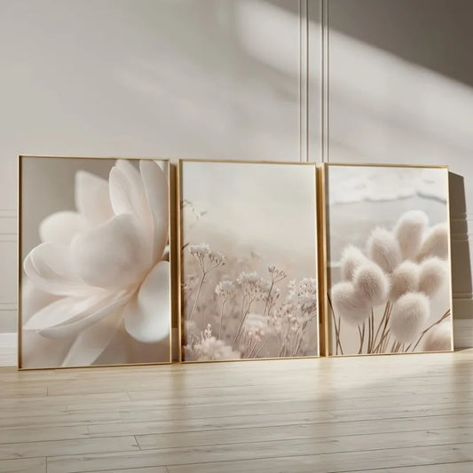3-Piece Beige Botanical Floral Canvas Wall Art | Nordic Boho Canvas Wall Art Peaceful Pleasures Health and Wellness