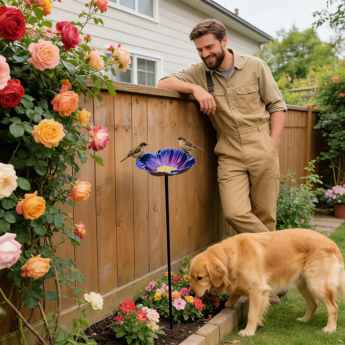 Garden Bird Bath – Reflective Petals Iron, 25.5" Weather Resistant
