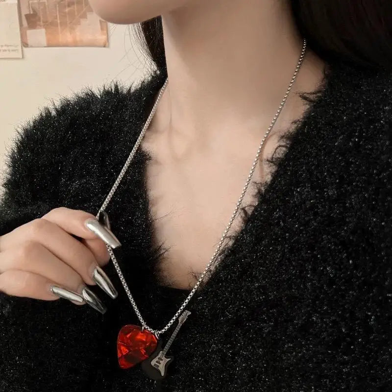 Hip-Hop Guitar Pick Pendant Necklace | Punk Steel Chain