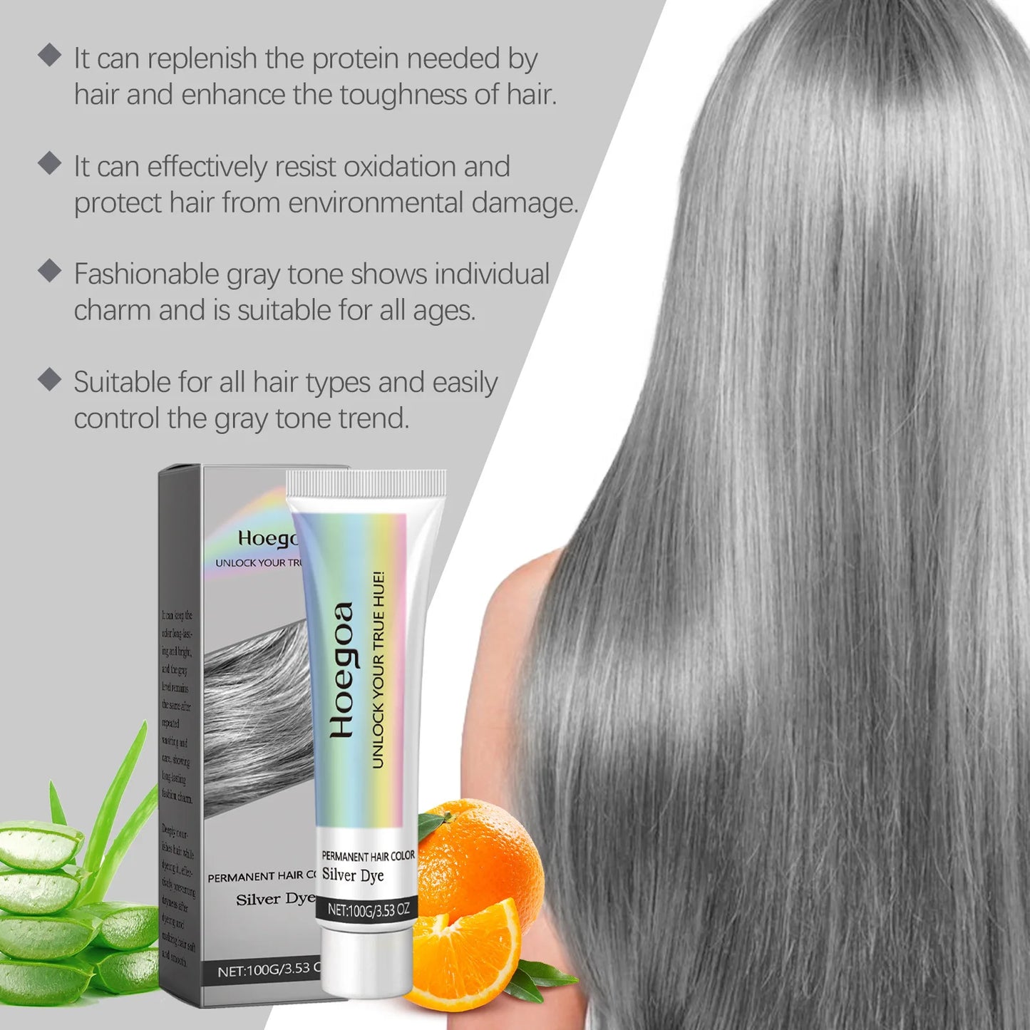 HOEGOA Permanent Gray Silver Hair Dye Cream 100g | Plant-Based