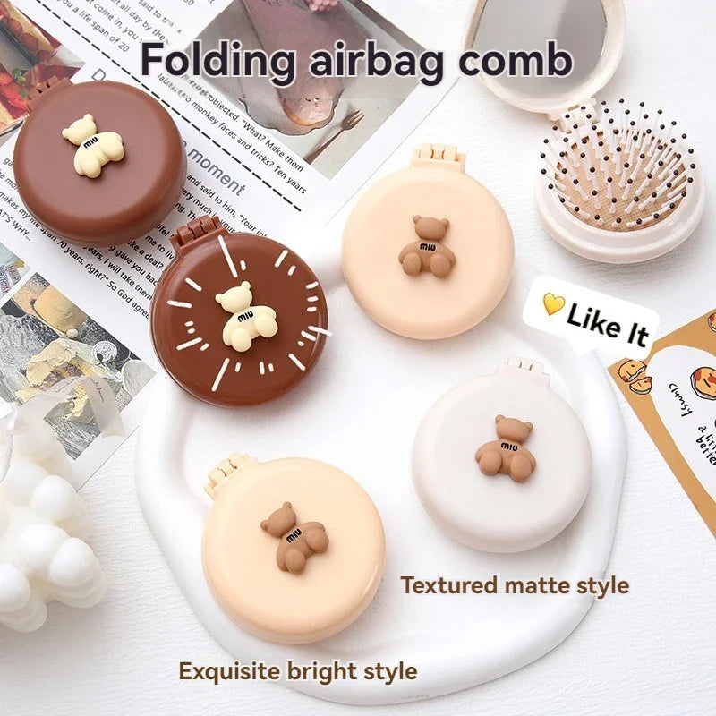 Cartoon Bear Folding Comb for Girls – Air Cushion & Mirror