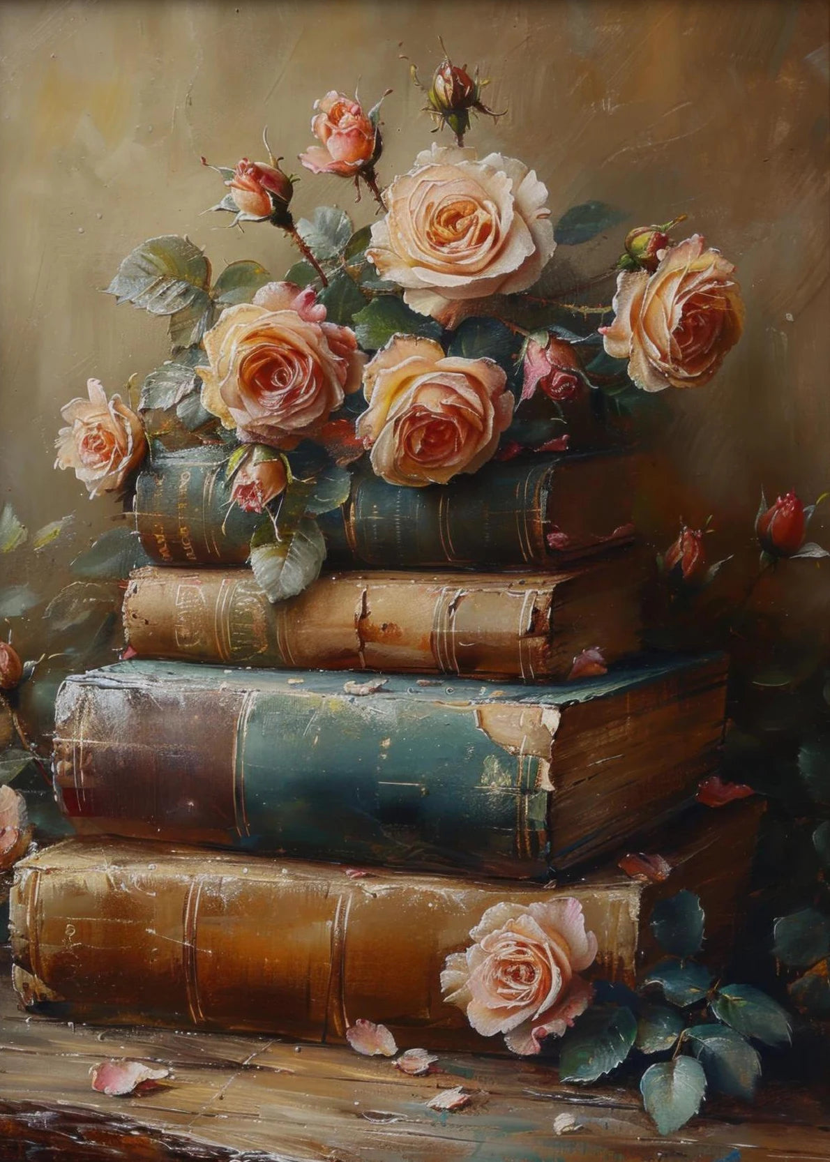 Books & Flowers Vintage Canvas Wall Art | Pink Farmhouse Print