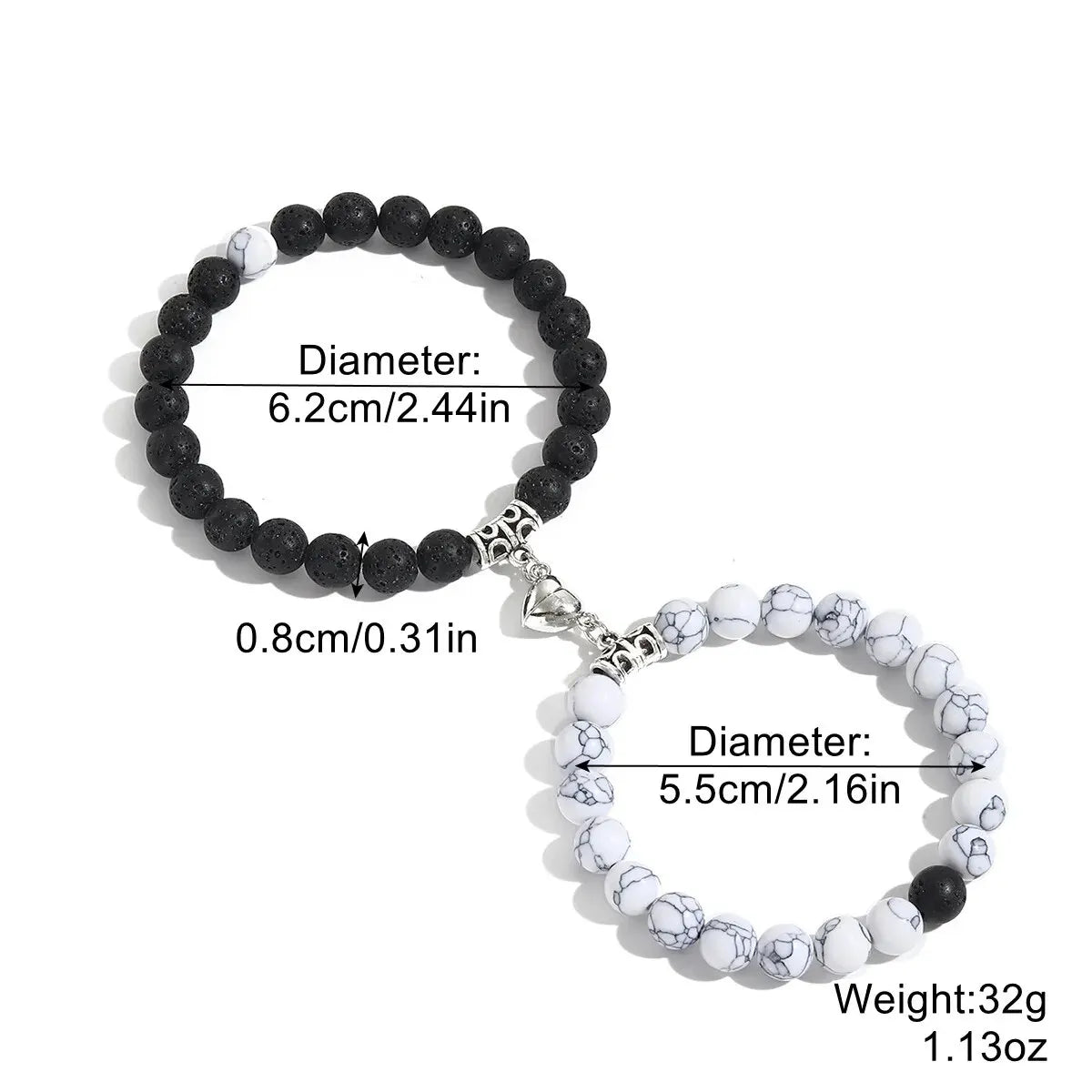 Natural Stone Bead Couple Bracelets Set – Heart Magnet, 2 Pcs