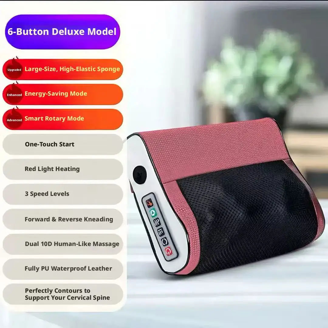 New Upgraded Infrared Heating Massage Pillow Full Body Kneading Hot Compress Cervical Shoulder Waist Relief Home Relax Gift Peaceful Pleasures Health and Wellness Red 6 Buttons