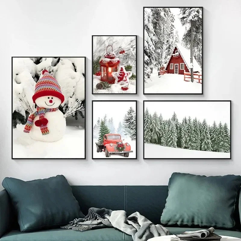 Christmas Snowman & Moose Canvas Wall Art | Winter Decor Print