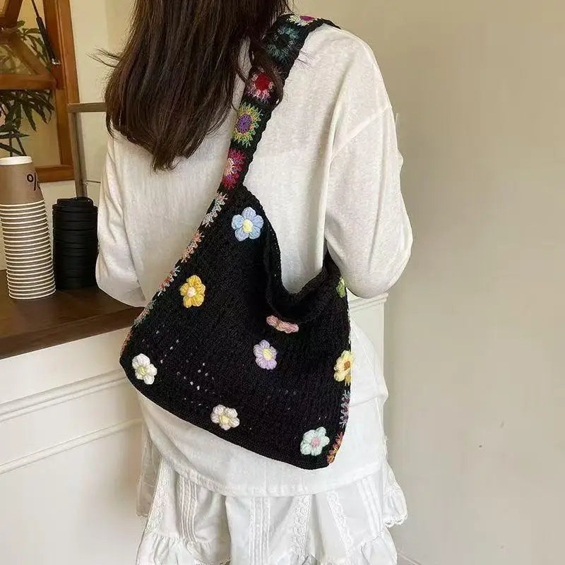 Women's Crochet Flower Knitted Tote Bag | Large Beach Shoulder Bag