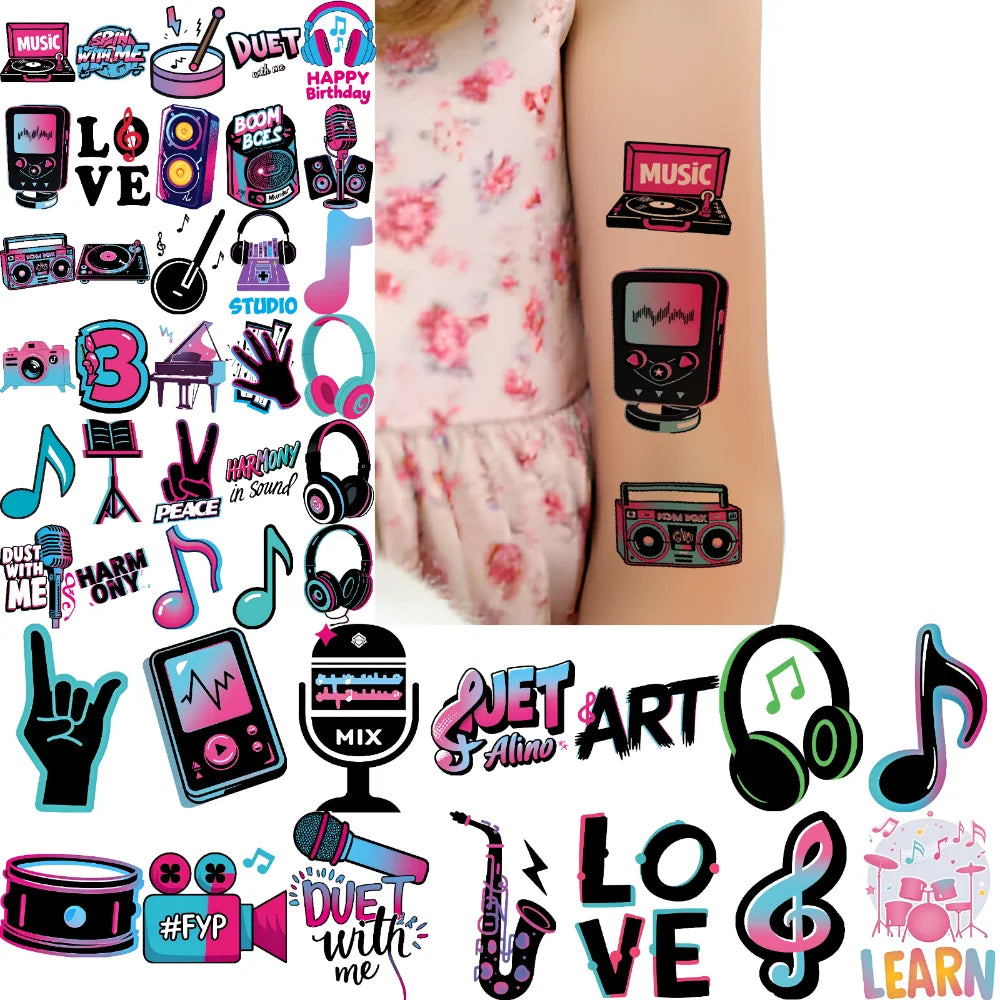 63-Pack Music Cartoon Temporary Tattoos – Waterproof Stickers