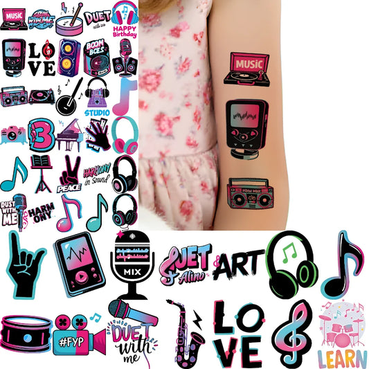 63-Pack Music Cartoon Temporary Tattoos – Waterproof Stickers Temporary Tattoo Set Oasis Select