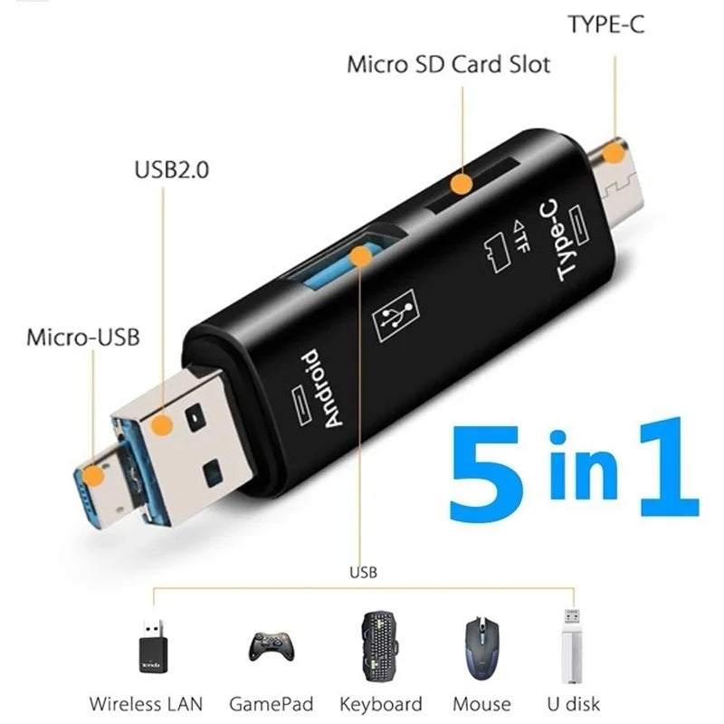 5 in 1 Multifunction Usb 2.0 Type C/Usb /Micro Usb/Tf/SD Memory Card Reader OTG Card Reader Adapter Mobile Phone Accessories Peaceful Pleasures Health and Wellness