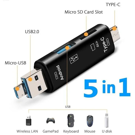 5 in 1 Multifunction Usb 2.0 Type C/Usb /Micro Usb/Tf/SD Memory Card Reader OTG Card Reader Adapter Mobile Phone Accessories Peaceful Pleasures Health and Wellness