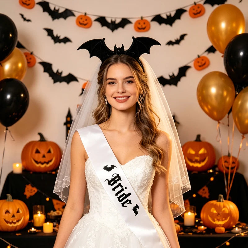 Gothic Bride Bats Sash | Halloween Wedding Bachelorette Gift Bridal Party Sash Peaceful Pleasures Health and Wellness