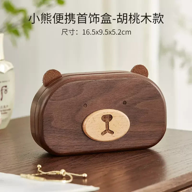 Solid Wood Bear Jewelry Boxes Small Exquisite Ring Necklace Storage Box Portable Jewelry Organizer Cute Home Desktop Decoration Peaceful Pleasures Health and Wellness walnut wood
