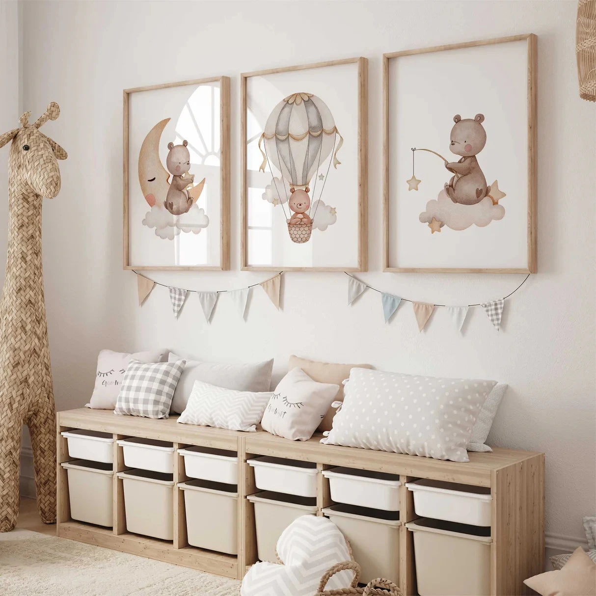 3-Piece Cartoon Bear Nursery Canvas Wall Art | Kids Room Decor