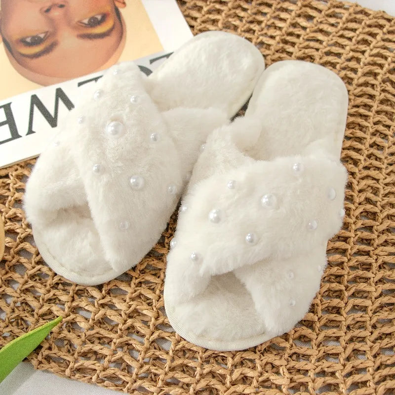 White Fluffy Pearl Slippers Wedding Bridesmaid Bridal Shower Bride Gift Maid of Honour Bachelorette Hen Party Supplies Proposal Peaceful Pleasures Health and Wellness