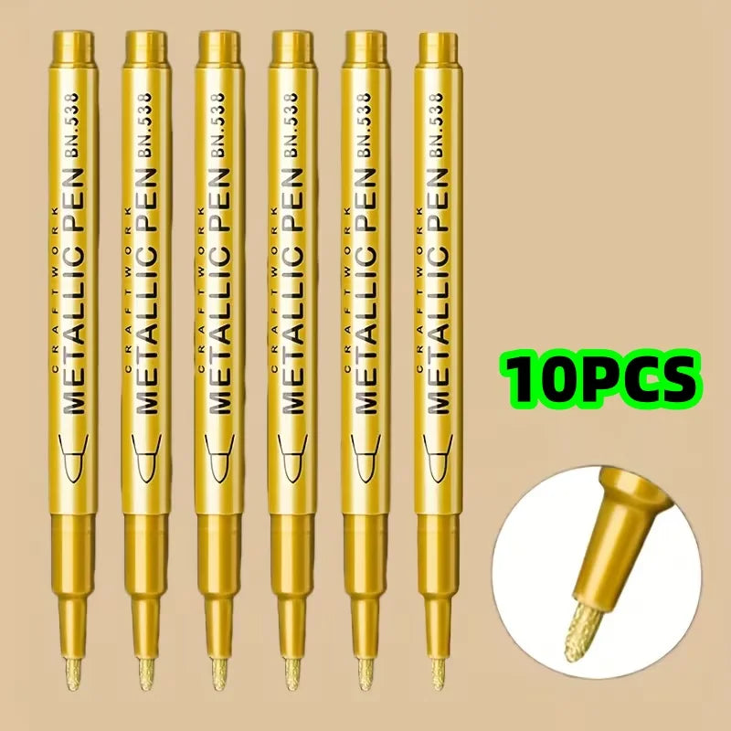 10-Pack of Gold Hard-Tip Gel Pens, Metallic Craft Pens, Gold and Silver Paint Pens, Signature Pens, Marker Pens, Signature Pens, Metallic Pens, Water-Based Outlining Pens Peaceful Pleasures Health and Wellness 10 Pieces