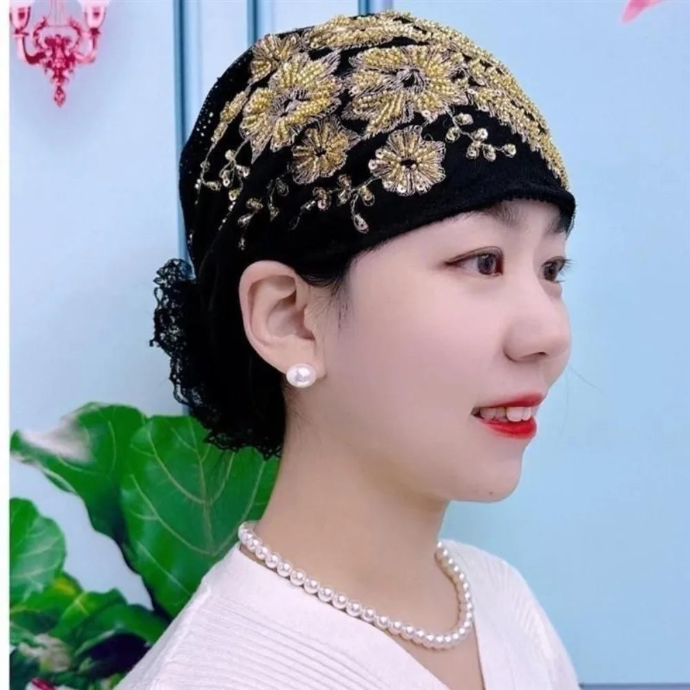 Flower Embroidery Turban Bonnet Hat – Elastic Lace Headscarf