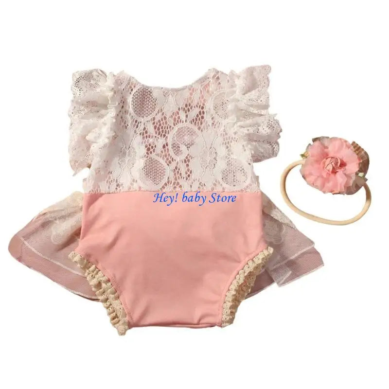Lace Ruffled Baby Romper Dress & Headband | Newborn Photo Outfit