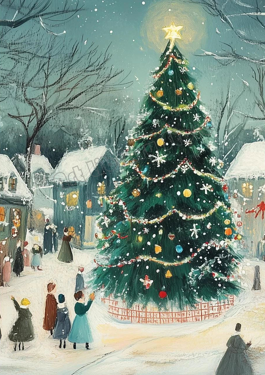 Snowy Christmas Village Canvas Wall Art | Unframed Holiday Print