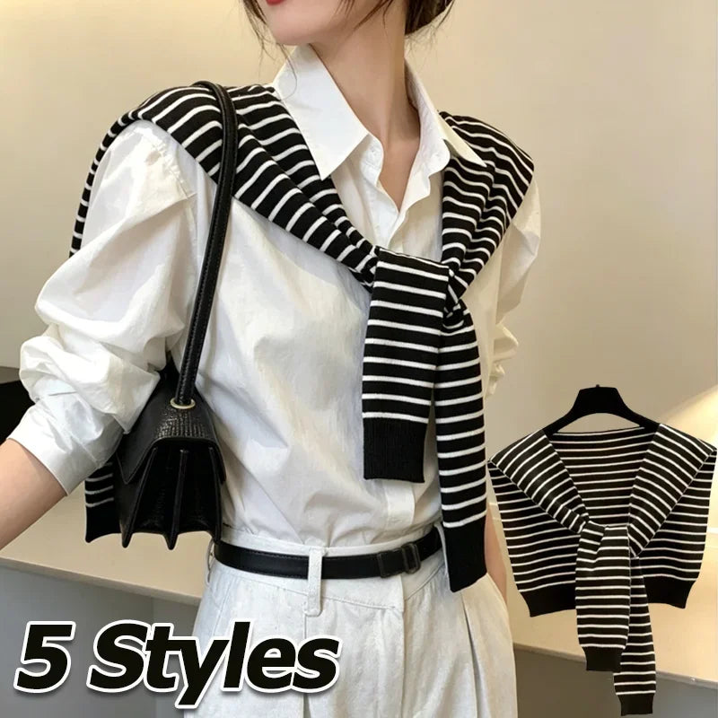 Women's Striped Knit Shrug Scarf | Warm Neck Cover & Shawl