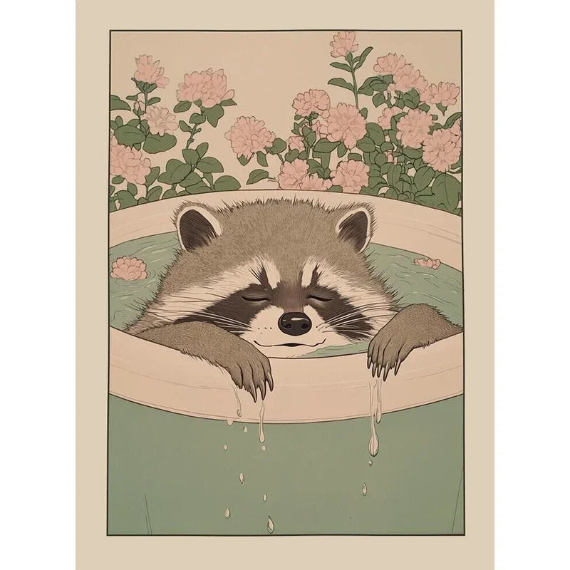 Japanese Cute Animals Bathtub Canvas Wall Art | Bathroom Decor