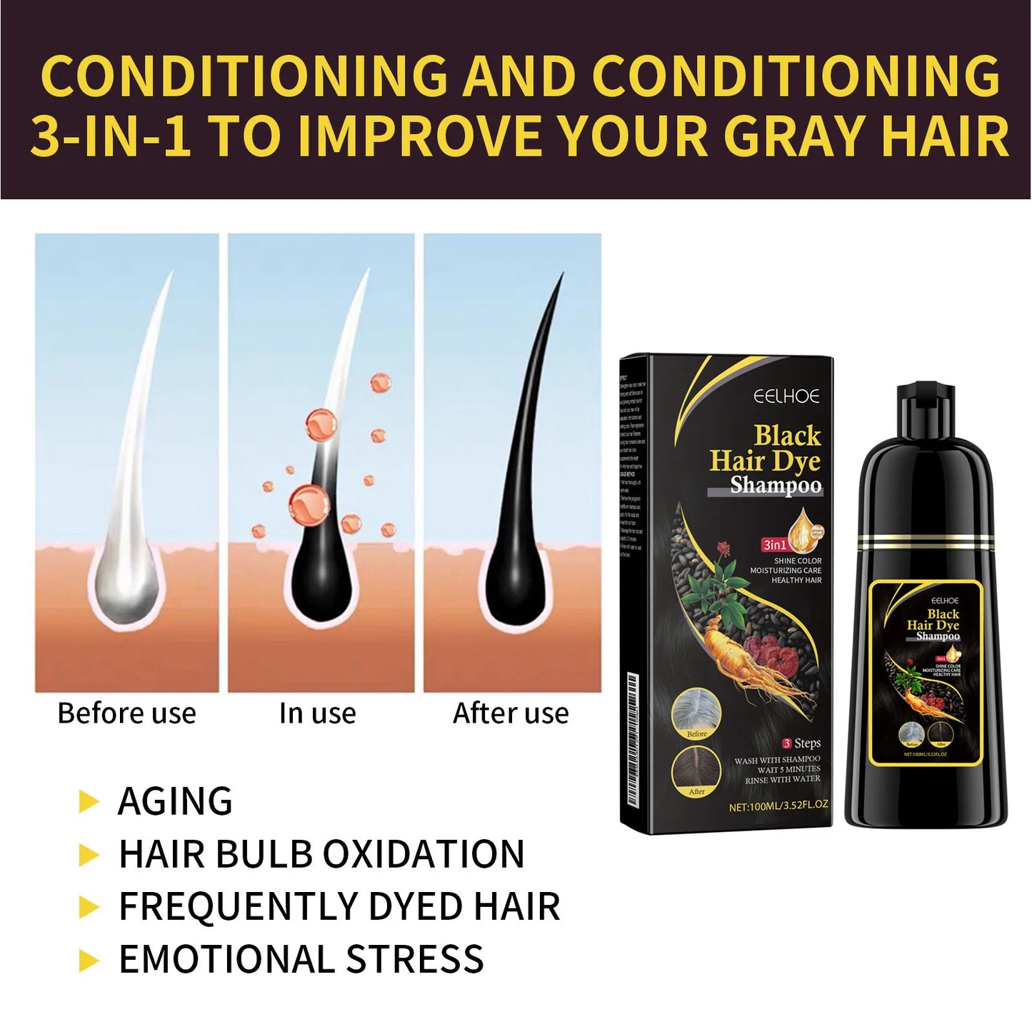 EELHOE Gray Hair Color Dye Shampoo – Restore Black Hair