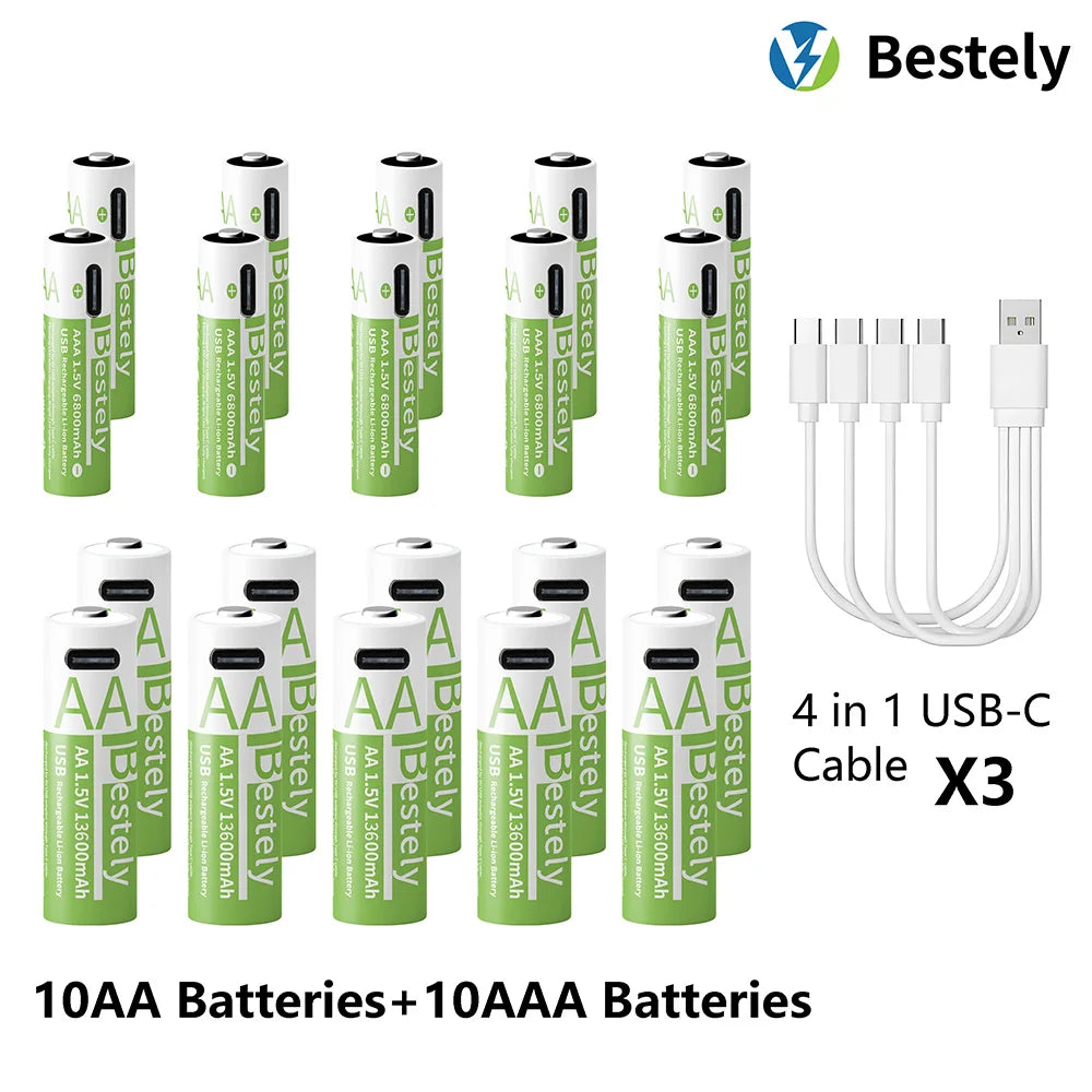 1.5V AA 13600mAh + AAA 6800mAh Rechargeable Lithium Battery Set with USB-C Fast Charging Type C Cable Peaceful Pleasures Health and Wellness 10AA 10AAA