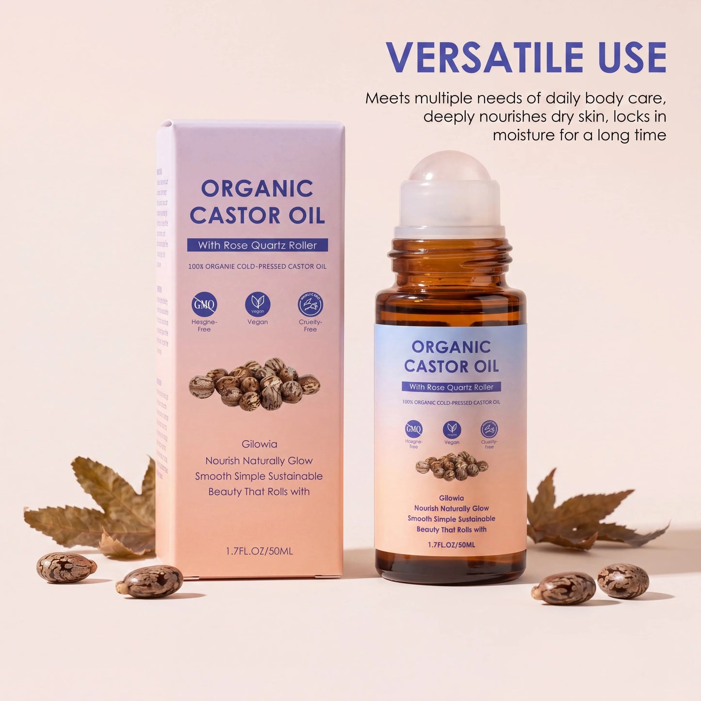 Organic Castor Oil Rose Quartz Roller Ball | Pure Cold-Pressed 50ml