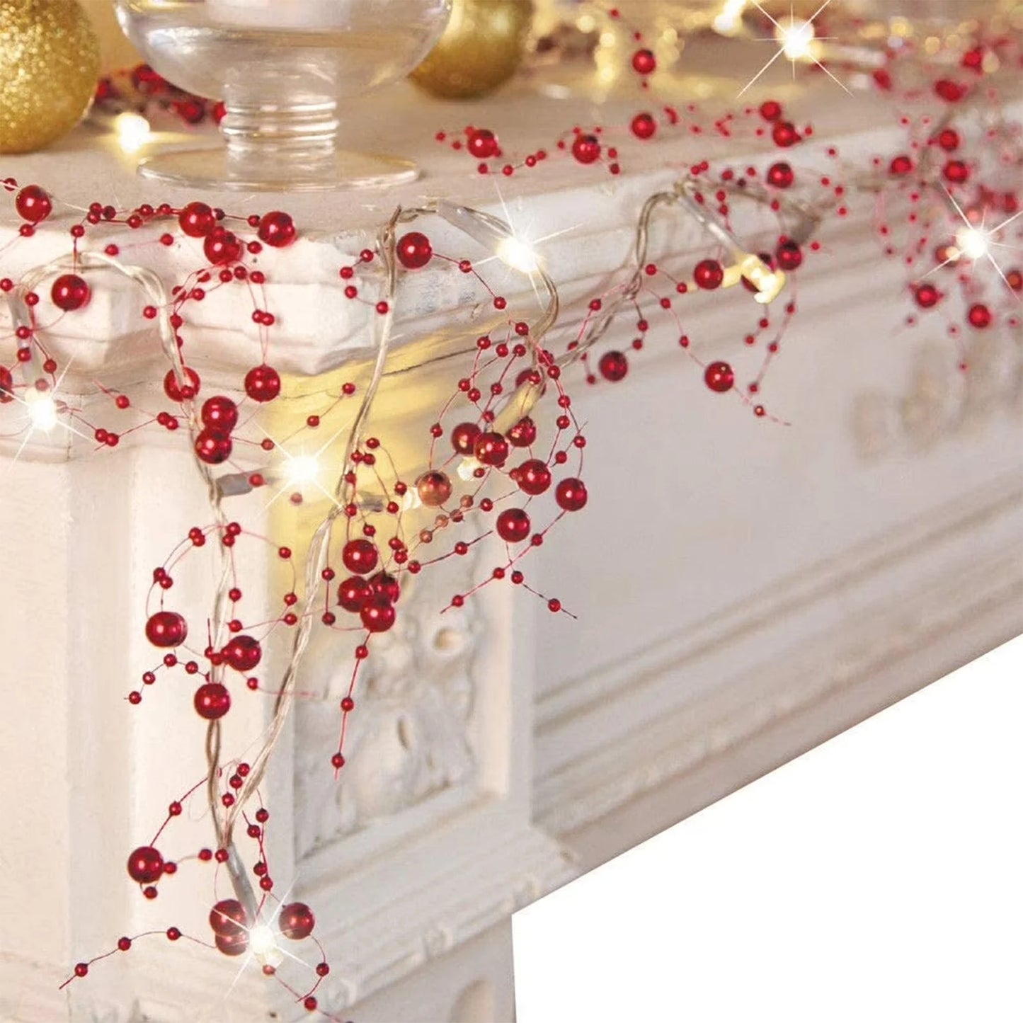 Lighted Berry Beaded Garland Christmas Decorations For Indoor Outdoor Home Mantel Fireplace Holiday Party Decor 10FT Peaceful Pleasures Health and Wellness Red